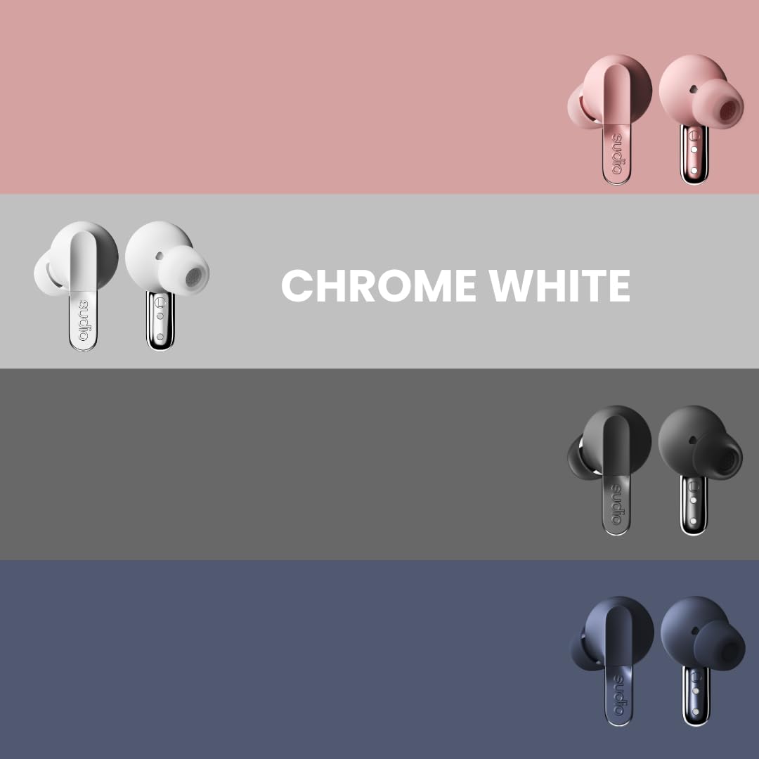 Sudio N3Pro Snow White - Auriculares de día a Noche con cancelación de Ruido. Cancelación Activa de Ruido (35dB), duración de reproducción de 5,5 Horas, IPX4, micrófonos para Grabar Llamadas