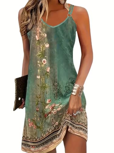 Image of LANMERTREE Women's Live Simple Coconut Tree Color Block Mini Dress Spaghetti Strap Halter Strap Sleeveless Mini Dress with Pockets(Green,S), Small