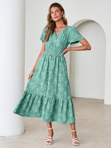 Image of Simplee Womens Summer Boho Maxi Dress Semi Formal Wedding Guest Short Sleeve V Neck Empire Waist Floral Long Dresses