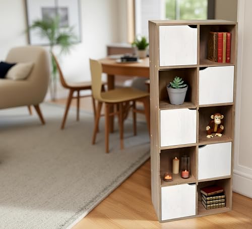 Ma Maison Libreria Cubica Autoportante 10 Cubi 60X30X153H Cm Apertura Con Ante - Porta Libri, Scaffale, Moderna, Soggiorno, Camera, Scomparti, Porta Oggetti - Mobile Effetto Legno E Bianco - 8