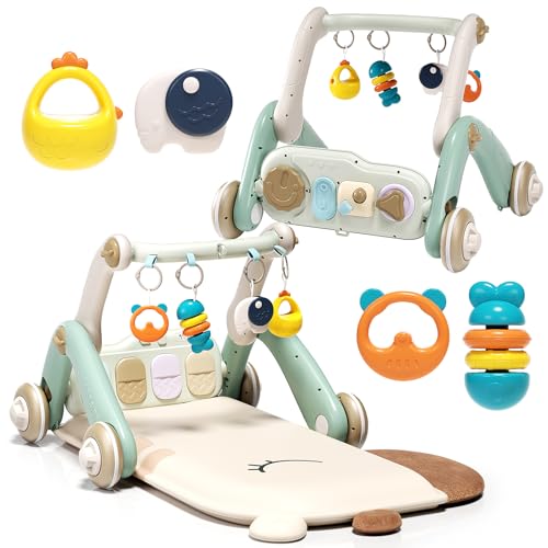 Image of Jovow 2 in 1 Baby Gym with Walker,Baby Play Mat with 4 Infant Learning Sensory,Double-Sided Multifunctional Removable Play Piano Panel,Sit-to-Stand Learning Walker for 0-24 Months Boy Girl [White]
