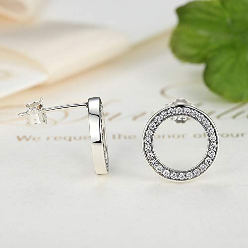 CZ Circle Minimalist Halo S925 Sterling Silver Huggie Stud Earrings for Women Round Hollow Open Statement Geometric Cubic Zirconia Post Hypoallergenic Pierced Jewelry Gifts for Birthday 11mm2