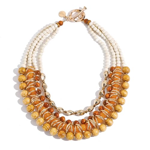 Coiris Gold Wood Beaded Necklace for Women 4 Layered Gold Brown Boho Bohemia Beach Summer Jewelry Gift for Women