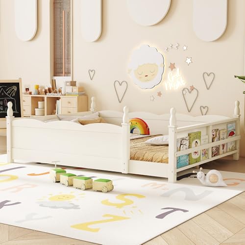 Image of Bellemave Queen Size Montessori Floor Bed Frame with High Fence, Solid Wood Kids Floor Bed with Bookshelf, Low Profile Bed for Boys & Girls, Childlike Design,Beige
