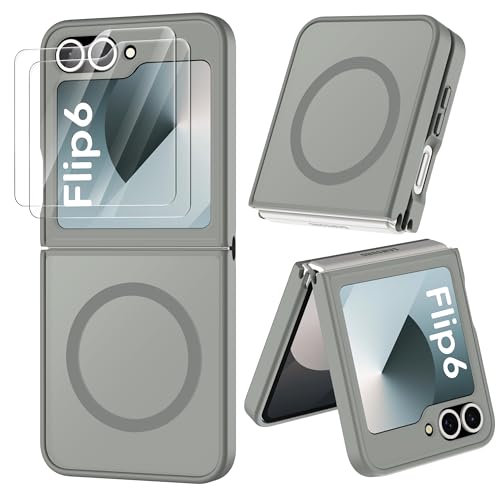 Image of ORETECH Magnetic for Samsung Galaxy Z Flip 7 FE Case Galaxy Z Flip 6, with [2 x Screen Protector] Translucent Back Non-Slip Shockproof Bumper Case for Galaxy Z Flip 7FE / 6 - Grey