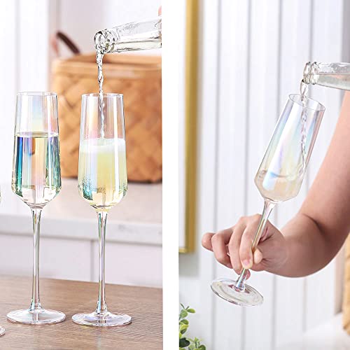 Datanya Iridescent Champagne Flutes Set Of 4, Crystal Lead-Free Hand Blown Stemmed Rainbow Champagne Flutes Glasses, Elegant Gift Box For Wedding, Christmas Cheers, Holidays, 8 Ounce #TOP4