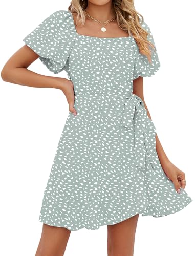 Image of Sampeel Womens Summer Dresses Square Neck Puff Sleeve Tie Waist Short Dress