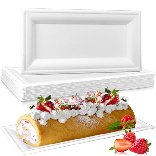 VOKOY 30 Pack Disposable White Serving Platters, Natural Sugarcane Bagasse Fiber Heavy Duty Appetizer Plates Rectangular Serving Trays for Food Deserts Thanksgiving Halloween Christmas, 10 x 5 Inch