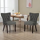 LSSBOUGHT Set of 2 Fabric Dining Chairs Leisure Padded Chairs with Brown Solid Wooden Legs,Nailed Trim,Charcoal