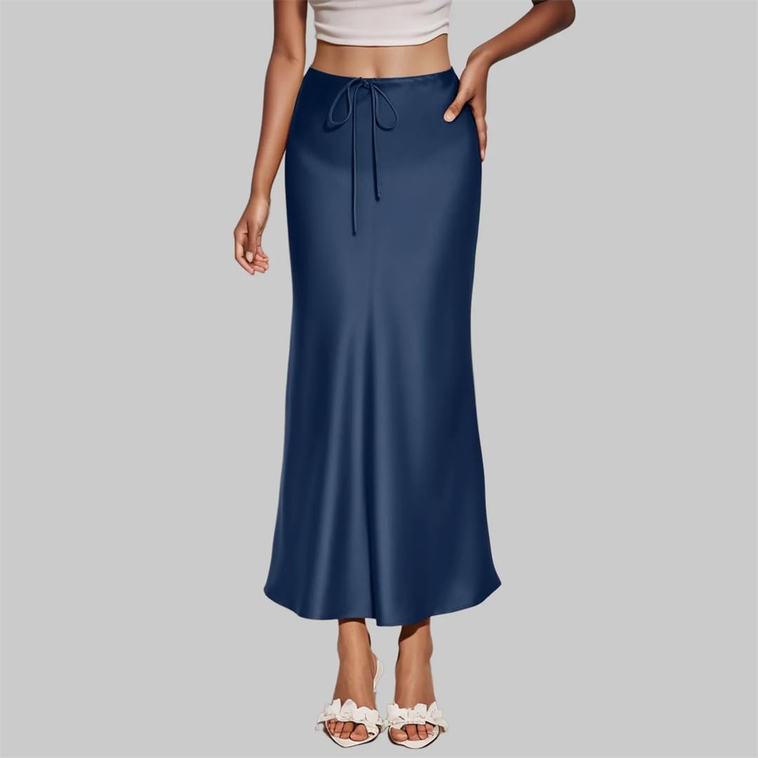 Jupes longues en satin de couleur unie avec cordon de serrage pour femme - Jupe longue élégante avec fente