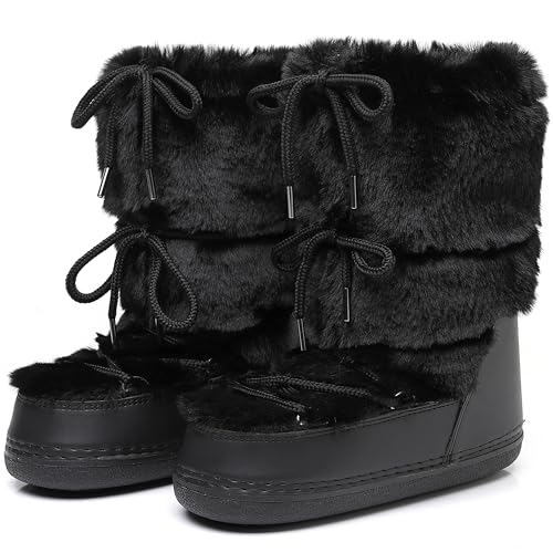Image of ZHENAIYISHENG Faux Fur Boots for Women - Fuzzy Fluffy Furry Water Resistant Snow Boots for Women - Anti-Slip with Cotton Sponge Lined and TPR Rubber Sole Black White Fur Boots