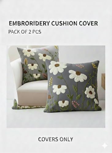 Image of CASA-NEST Linen Embroidery Cushion Cover, Size -16x16 inch, Pack of 2 pc, Decorative Sofa Cushion (Grey, 2)