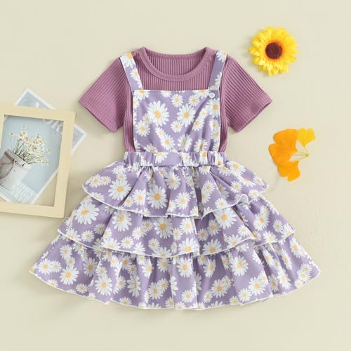 Image of Toddler Baby Girl Summer Clothes Kids Short Sleeve Solid T-Shirt Ruffle Daisy Skirts Overalls Dress Outfit 18M-6T