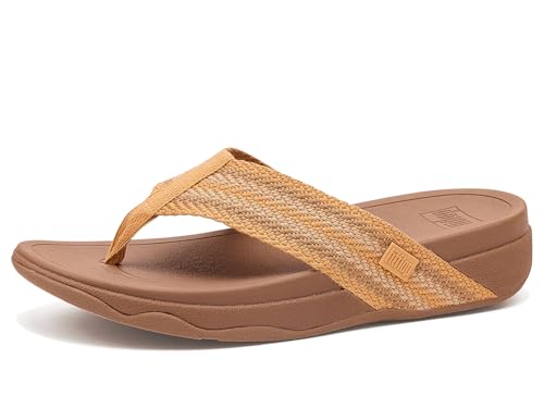 Image of FitFlop, Womens, Surfa Stripe-Webbing Toe-Post Sandals, Turmeric /Classic Tan Mix, 8.5, Medium