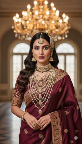 Image of TAZAKKA satlada traditional indian seven stand pearl necklace mughal hisporicall with jadavi earrings side jhumar maang tikka 5pies set