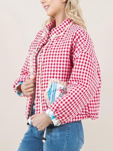 Womens Plaid Heart Pocket Jacket Snap Button Cropped Puffer Jacket Winter Gingham Heart Jacket Coat Outwear3
