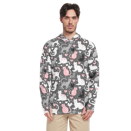 Cartoon Cute Grey White Peach Cats Men's Sun Shirts Hoodies Long Sleeve Adult Rash Guards UPF 50 + Beach Shirt S