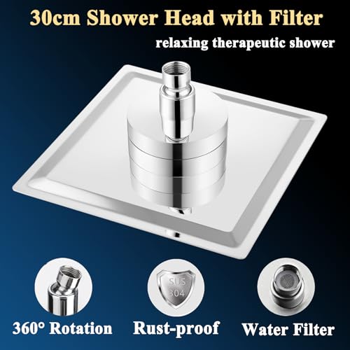 Gefilterter Duschkopf, 30cm, luxuriöser Regenduschkopf, macht hartes Wasser fest, verbessert den Zustand Ihrer Haut und Haare, Filter-integriertes Design, Chrom