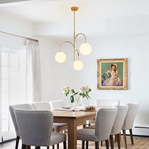 Flyrose Mid Century Modern 3-Light Milk Glass Globe Chandelier Brass Gold Pendant Light Fixture Industrial Iron Ceiling Light Fixture For Kitchen Island Bedroom #TOP5