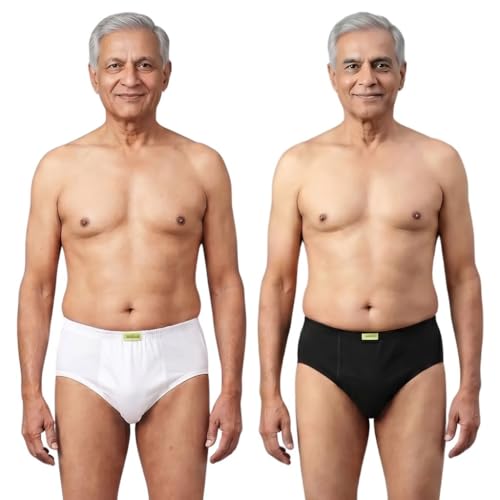 Pristine Life | Men Incontinence Briefs | Absorbs 35ml Of Leaks | Wash & Reuse | Anti Bacterial, Hygienic & Leakproof | Comfy Cotton | Pack Of 2 | White & Black | 4XL