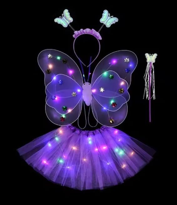 Disfarce LED para meninos e meninas, saia, asas luminosas de anjo, fada, princesa, saia de borboleta com bandana, fato de luzes, carnaval, infantil, 30 comprimento x 20 largura (esticada 46 cm) roxo