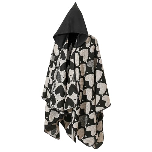JOAU Women's Hooded Shawl Wraps Open Front Travel Poncho Cape Warm Oversized Heart Graphic Sweaters Scarves Cardigan Shawls