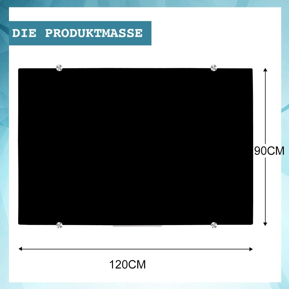 XIWODE Magnettafel Glas 90x120 Schwarz - Hochwertiges Rahmenloses Whiteboard, Abwischbare Glas-Pinnwand Große mit Zubehör (4 Marker, 2 Magnete, Schwamm) für Büro & Zuhause