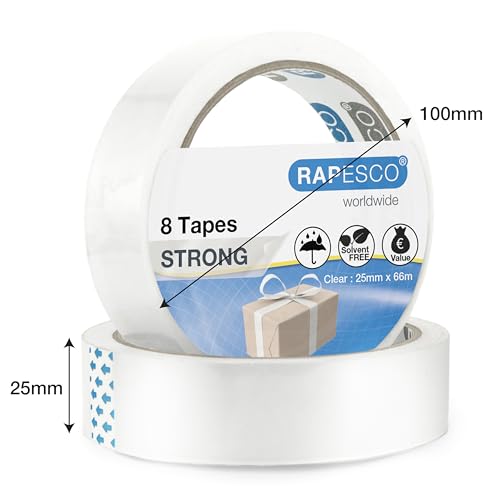 Rapesco 1808 Transparente Klebebandrollen, 25 mm x 66 m, Klare Nachfüllpackung, 8 Stück