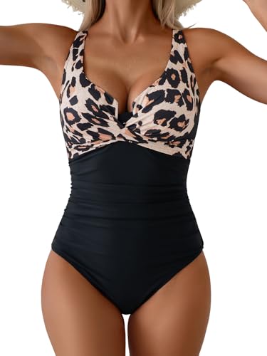 Image of B2prity Women's Underwire One Piece Swimsuit Tummy Control Ruched Bathing Suit Criss Cross V Neck Swimwear