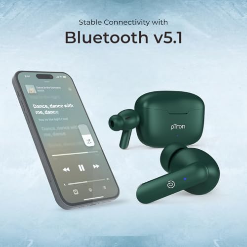 Image of pTron Basspods P81 in-Ear Wireless Earbuds, Pristine Sound, 32Hrs Playtime, Clear Calls TWS Earbuds, Bluetooth V5.1 Headphone, Type-C Fast Charging, Voice Assist & IPX4 Water Resistant (Green)