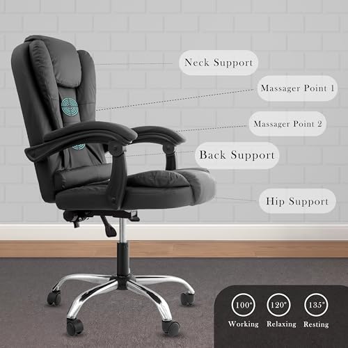 Image of NORMAN JR Italia Premium Leatherette Office Chair for Work | Boss Chair, Ergonomic Executive, Luxurious Cushioned Arms & Seat, 2 Point Back Massager, Heavy Duty Metal Base (Black)