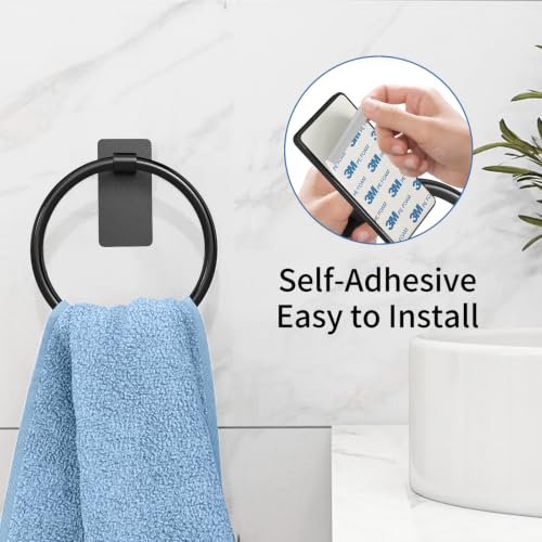 Image of STWWO Hand Towel Holder for Bathroom, Adhesive Round Towel Ring, Black | for Bath RV Kitchen, Self Adhesive No Drill Hole, Easy to Install