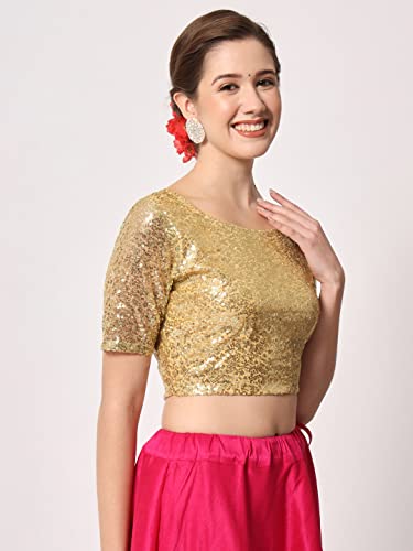 Image of studio rasa Women's Net Sequin Embroidered Sheer Sleeves Readymade Saree Blouse for Wedding Festive Party