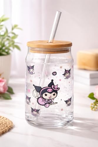 Image of THE UMBRELLA STORE Glass Tumbler Bamboo Lid and Straw, Coffee Tumbler, Reusable Glass (Kuromi)