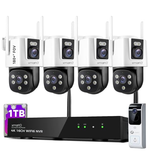 xmartO 2-in-1 Plug-in Wireless Security Camera & Smart Doorbell Set, 4PCS 4MP Dual-Lens 8-View PTZ Cameras + 16CH 4K WiFi6 NVR (Built-in 1TB HDD) + 2.4G/5G Dual Band Video Doorbell, No Monthly Fee