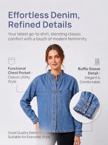 Flowyair Womens Denim Shirt Casual Button Down Ruffle Jean Fall Tops - image 8