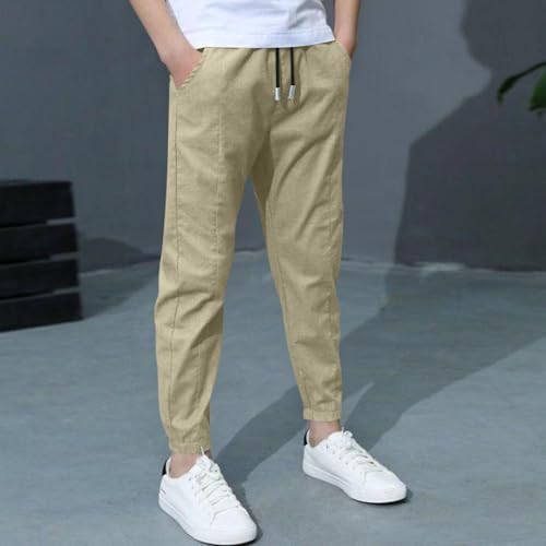 2 Pack Boys Linen Pants Summer Casual Pants Drawstring Jogger Trousers Lightweight Athletic Pant School Uniform Pants4