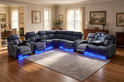 Image of Living Room Furniture Sets with Bass Speakers, Power Sectional Recliner Sofa and Chair Set, Sanded Leather Electric Reclining Sofa with 5 Recliner Seats /Cup Holders /LED Light for Living Room