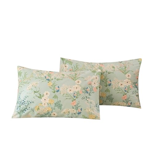 Image of ECOCOTT Sage Green Floral King Standard Size Set of 2, 100% Washed Cotton Pillow Cases with Envelope Closure, Botanical Wildflower Printed Pillow Covers 20 inchX36 inch