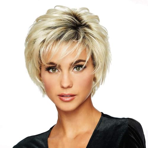 Perruques Blondes Courtes pour Femme, Perruques Bob Courtes Droites Coupe Lutin Dorée, Cheveux Synthétiques Naturels Lisses Perruque Quotidienne Cosplay Fête, Brésilienne Couche Cheveux avec Frange