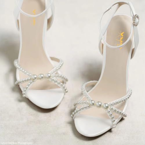 XYD Women Open Toe Strappy Pearl Block Heels Classic Ankle Strap with Buckle Dress Sandals Wedding Bridal Shoes4