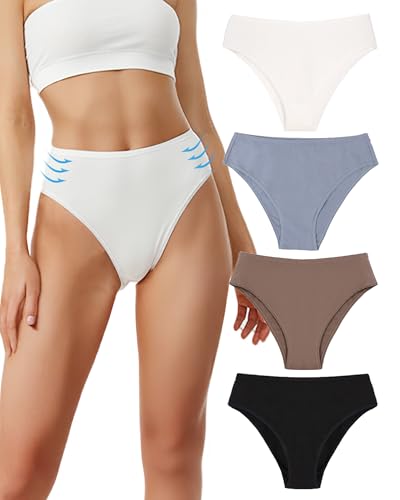 Ziboola Women's Cotton Underwear High Waisted Cheeky Coverage High Cut Tummy Control Panties Breathable Plus Size 4 Pack