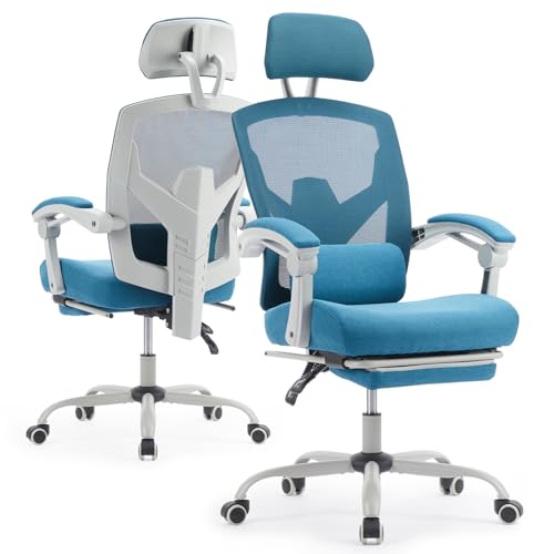 Image of Ergonomic Office Chair with Footrest, High Back Home Desk Computer Chair with Lumbar Support & Headrest, 90-135 Reclining Mesh Back with Wheels for Work, Gaming, Blue