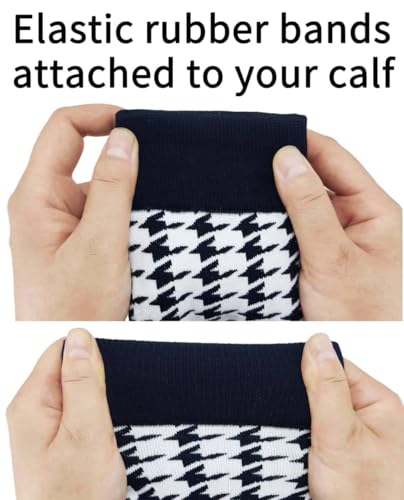 2 Pairs Women Soft Cozy Organic Cotton Houndstooth Socks Calf Crew Plaid Pattern Graphic Casual Spring Fall Winter Outdoor Office Work Christmas Holiday Gifts Black White4