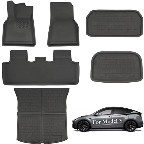 Cyberbeans 6Pcs Floor Mats For Tesla Model Y (2020-2023) Accessories, Xpe All Weather Anti-Slip Waterproof 3D Front Rear Trunk Cargo Liner Tray Mats, 5-Seat #TOP30
