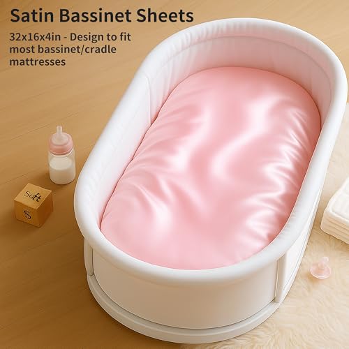 Image of Satin Bassinet Sheets Girl 2 Pack, Great for Baby Hair, Soft Silk Feeling for Cradle Mattress Pad, Gift for Newborn and Infant(Pink & Purple)