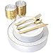 IOOOOO 25 Guest Gold Plastic plates with Silverware & Gold rim Cups, Includes 25 Dinner Plates, 25 Salad Plates, 25 Forks, 25 Knives, 25 Spoons, 25 Tumbles (Dots White/Gold)
