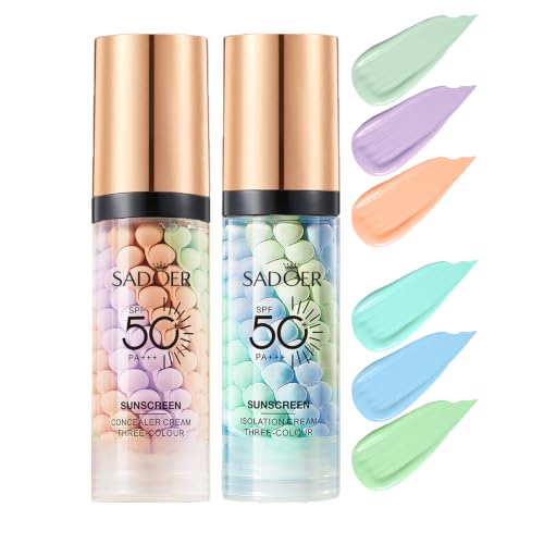 Image of 2 PCS Primer for Face Before Makeup,3 in 1 Sunscreen Isolation Cream,SPF 50,One Step Color Corrector Tinted Moisturizer,Blurs Imperfections Oil Control & Moisturizing Skin Tone Correcting