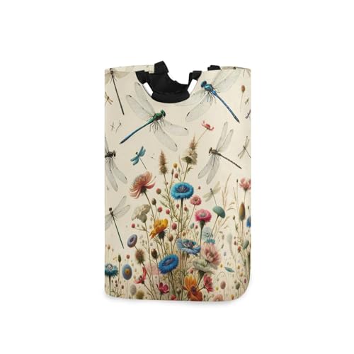 Jihqo Laundry Hamper Basket Vintage Dragonflies Flowers Collapsible Nursery Storage Bin Waterproof Clothing Baskets for Home Bedroom Bathroom Washing Room