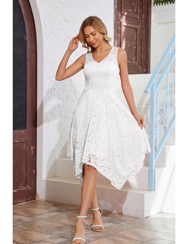 Meetjen Asymmetrical V-Neck Cocktail Party Dress Formal Lace Wedding Dresses for Bride A Line Reception Dress White S - Thumbnail 3